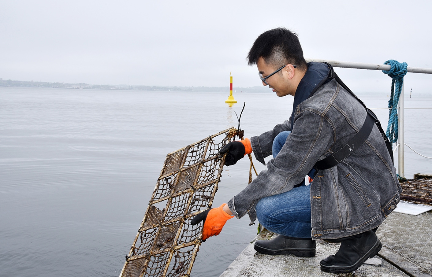 Jede Woche prüft Materialwissenschaftler Haoyi Qiu den Bewuchs der Testnetze.